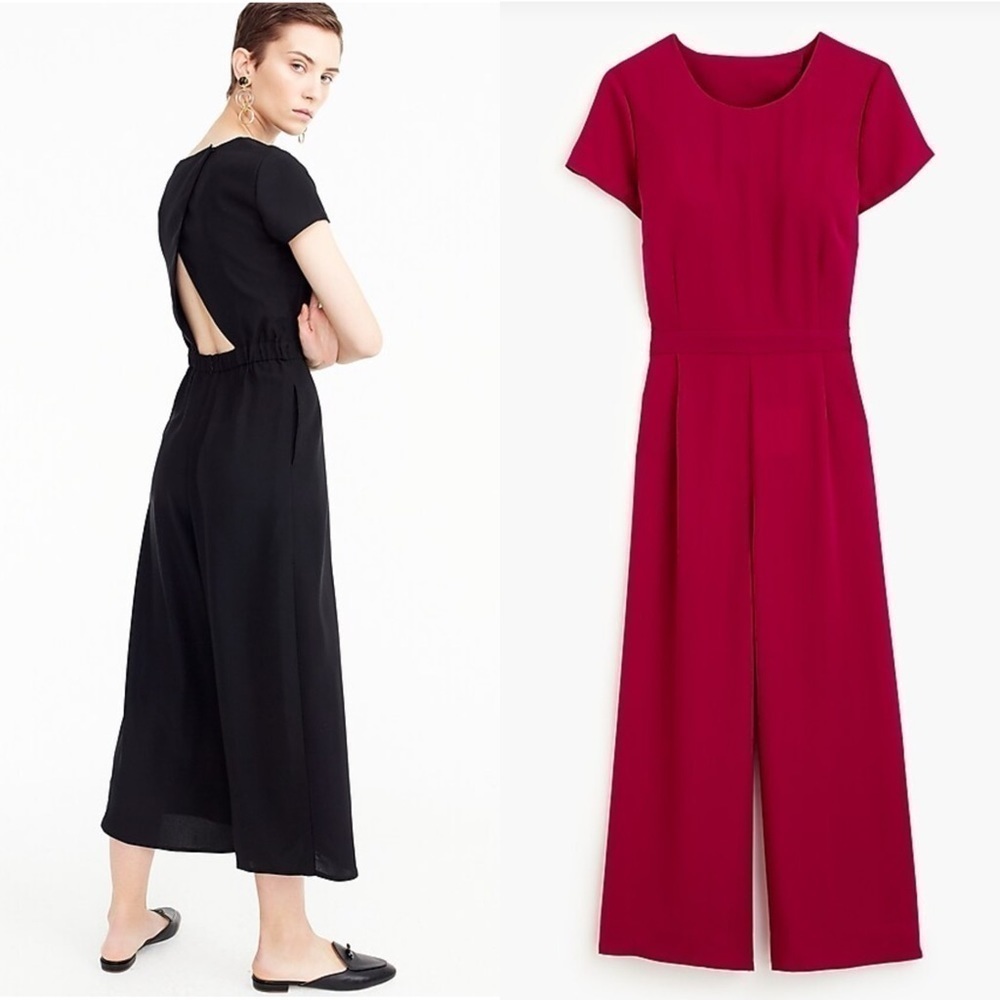 J. CREW DRAPEY WRAP BACK DEEP BERRY PINK WIDE LEG CROPPED SHORT SLEEVE JUMPSUIT